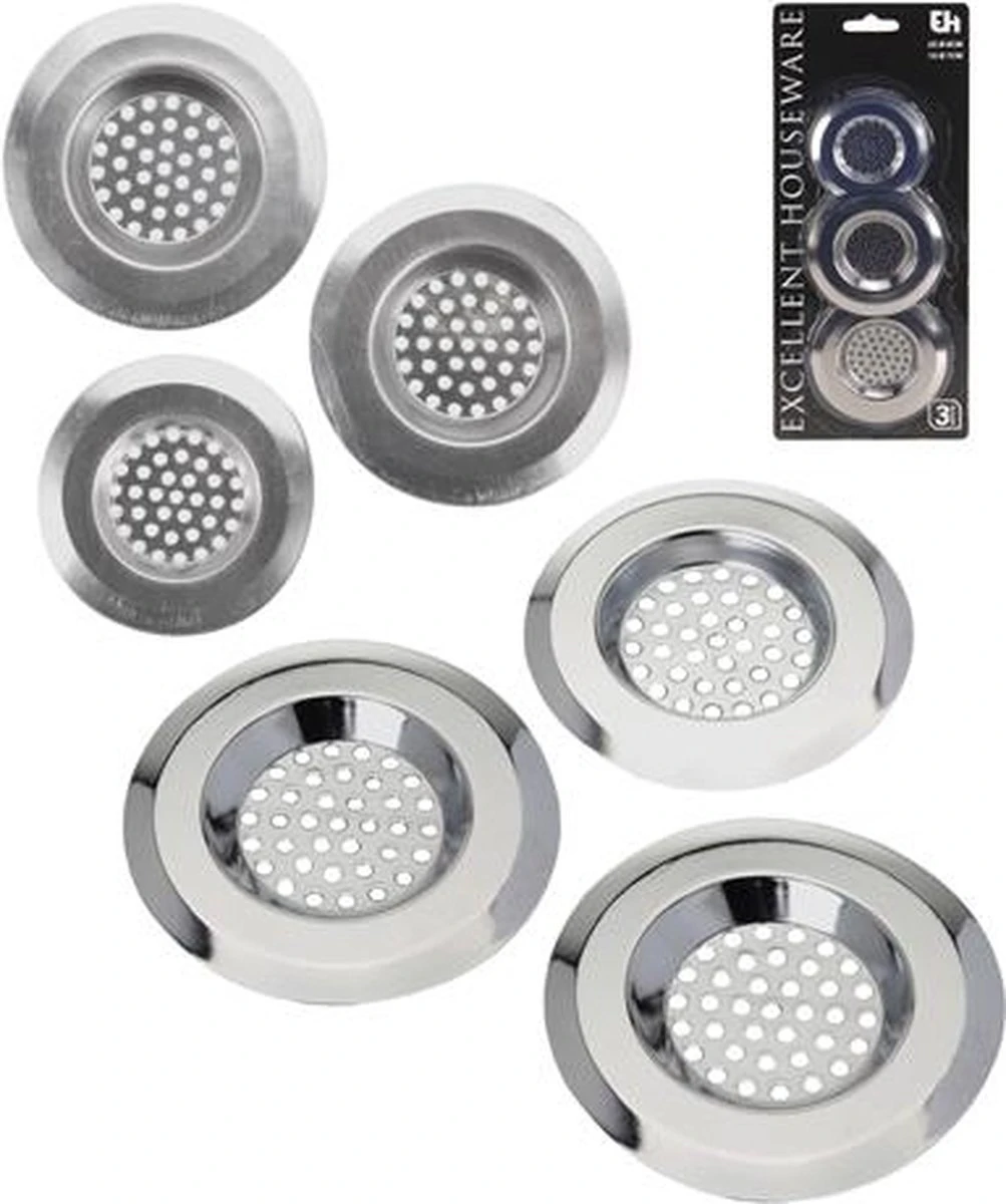 Merkloos Gootsteenzeefje 3 Stuks | Gootsteenfilter | Gootsteenzeef - RVS Zilver (2x) 8cm (1x) 6.5cm - Afbeelding 3