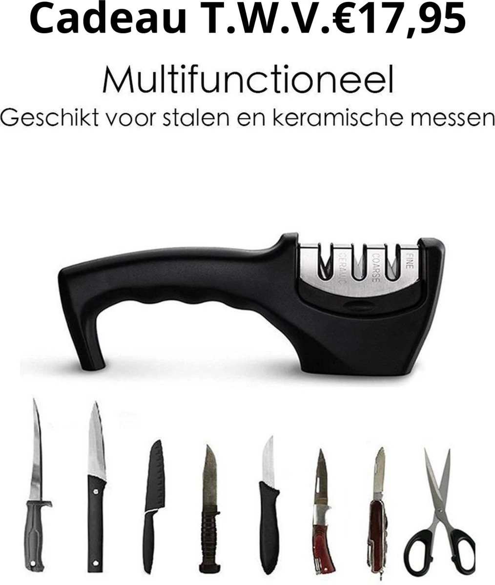Mandoline + Messenslijper T.w.v. €17,95 - Multifunctionele Groentesnijder – (Zelfreinigende) Mandoline Nicer Dicer – Uiensnijder – Groentensnijder – Frietsnijder – Keukensnijder – Groentehakker – Snijmachine – Multifunctioneel 15-delig – RVS - Afbeelding 5