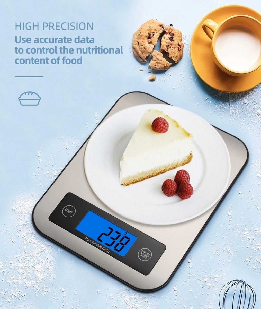 Digitale Precisie Keukenweegschaal - Weegvermogen Tot 10 KG - Incl. Batterijen - Grijs - RVS - Roestvrij Staal - Afbeelding 9