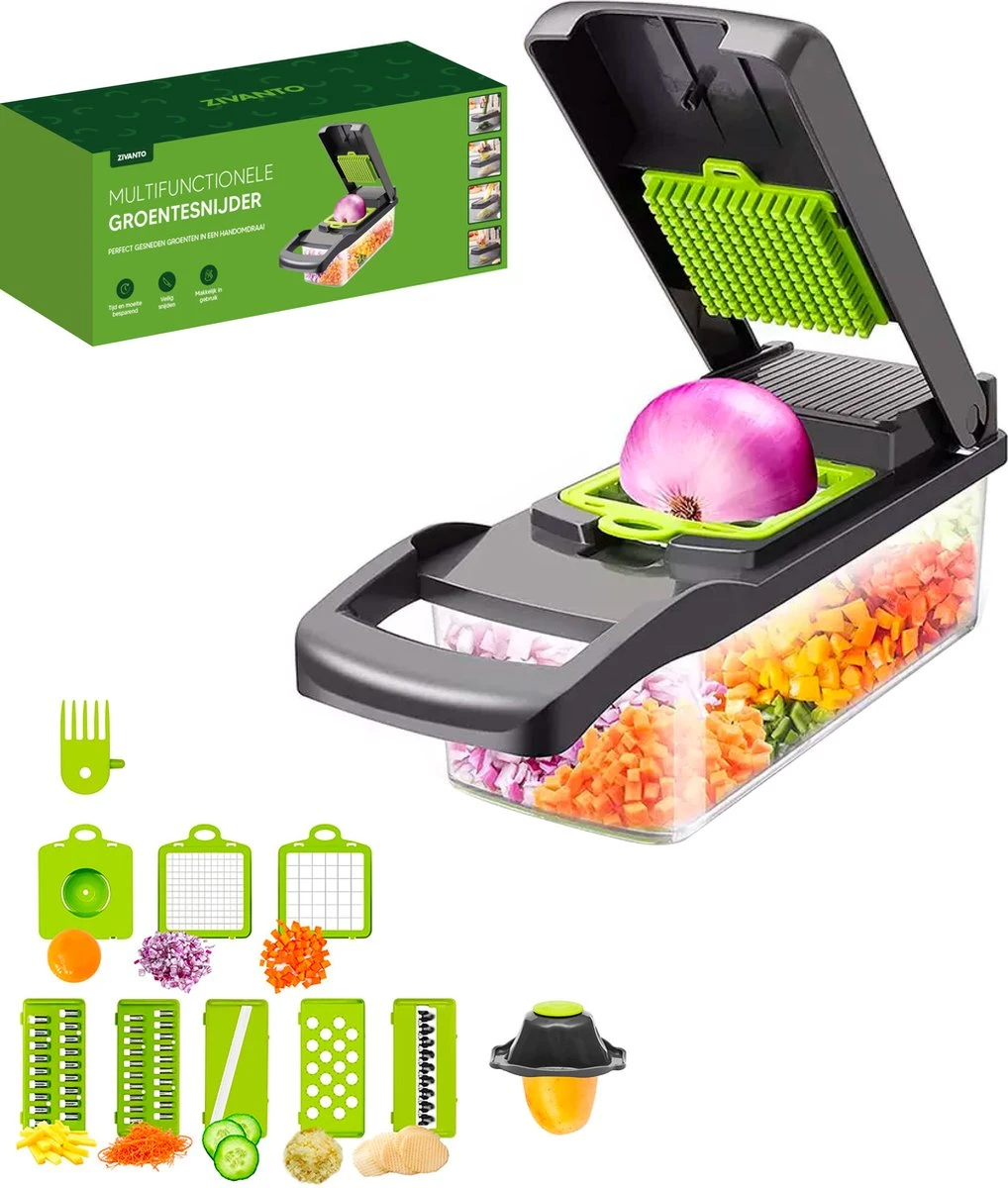 Groentesnijder - Mandoline, Keukensnijder & Uiensnijder - Multifunctioneel Groente Snijder - Spiraalsnijder - Frietsnijder - Rasp - BPA Vrij & Anti-slip - Inclusief Handleiding - 15 Delig Van Zivanto - Afbeelding 2