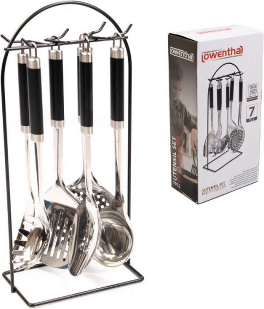 Kookgerei Set Met Houder 7-delig - Keukengerei Set Zwart Met Zilver- Keukengerei - Met Houder Vaatwasser Bestendig