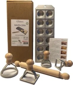 Foodiletto - Raviolimaker Set - Vorm 12 Ravioli - Aluminium/Beukenhout - Zilver