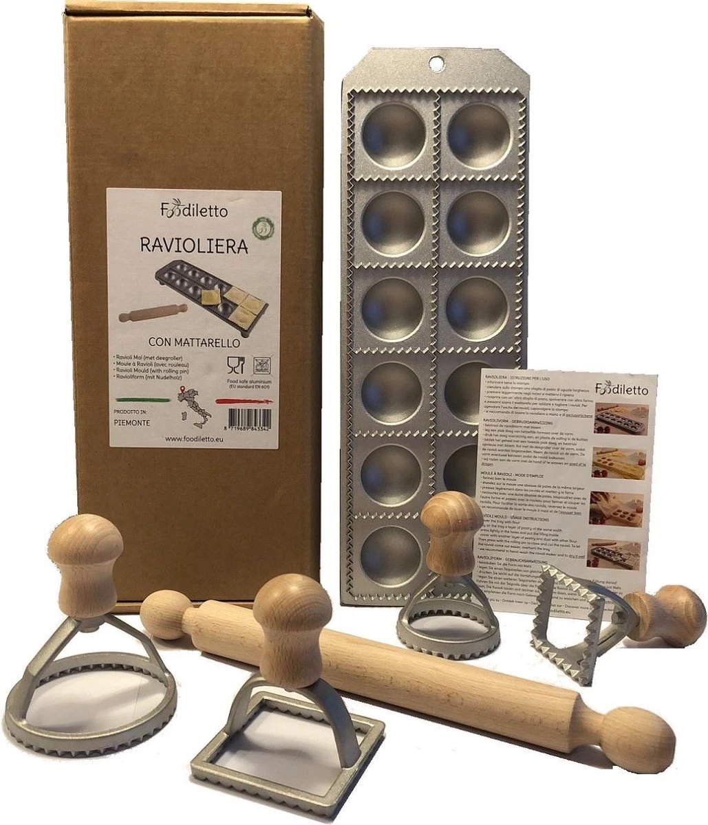 Foodiletto - Raviolimaker Set - Vorm 12 Ravioli - Aluminium/Beukenhout - Zilver