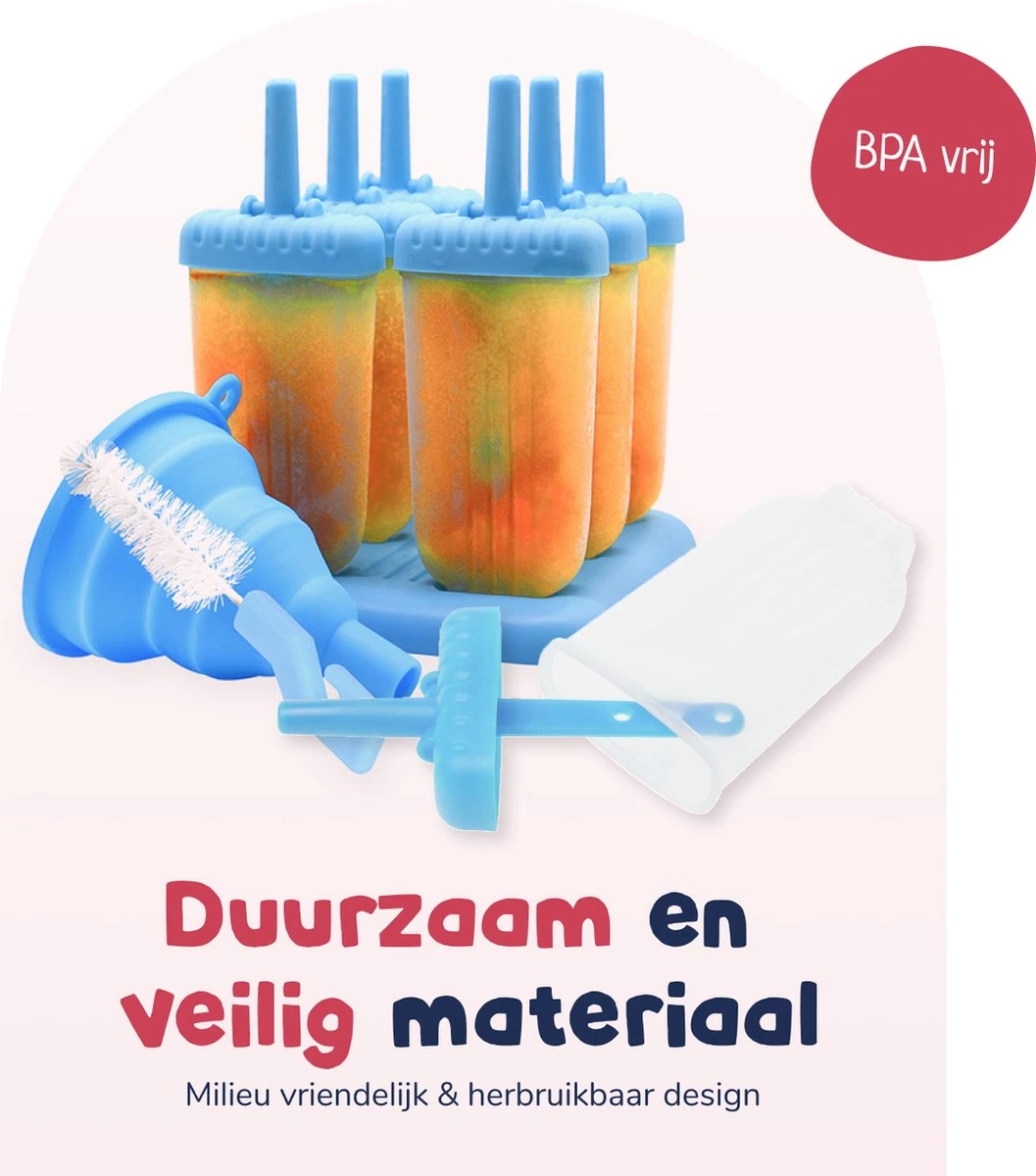Perow Ijsvormpjes - 6 Stuks - Inclusief Gratis Trechter En Reinigingsborstel - BPA En Chemicaliën Vrij Silicone IJshouder - IJs Vorm Makers - 2 Kleuren - IJslolly Vormen - Afbeelding 3