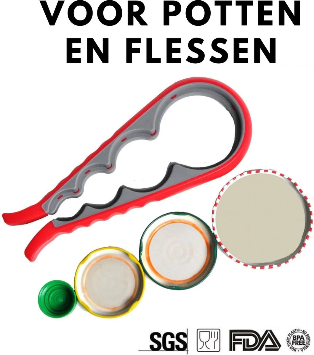 Merkloos 4-in-1 Allesopener - Universeel - Voor Deksels En Potten - Dekselopener - Potopener - Flesopener - Pot Opener - Fles Opener - Pottenopener - Flesopener - Reuma Hulp - Rood / Grijs - Afbeelding 2