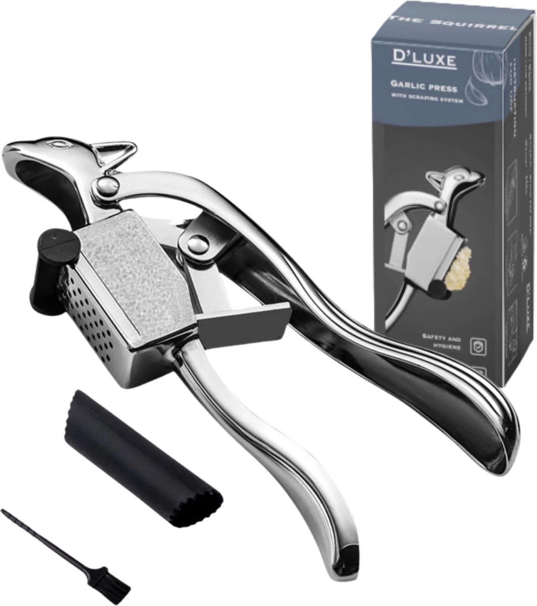D'Luxe - The Squirrel Knoflookpers - Met Schraap Systeem - Knoflookpers-gemberpers- Met Gratis Siliconen Peller & Borstel