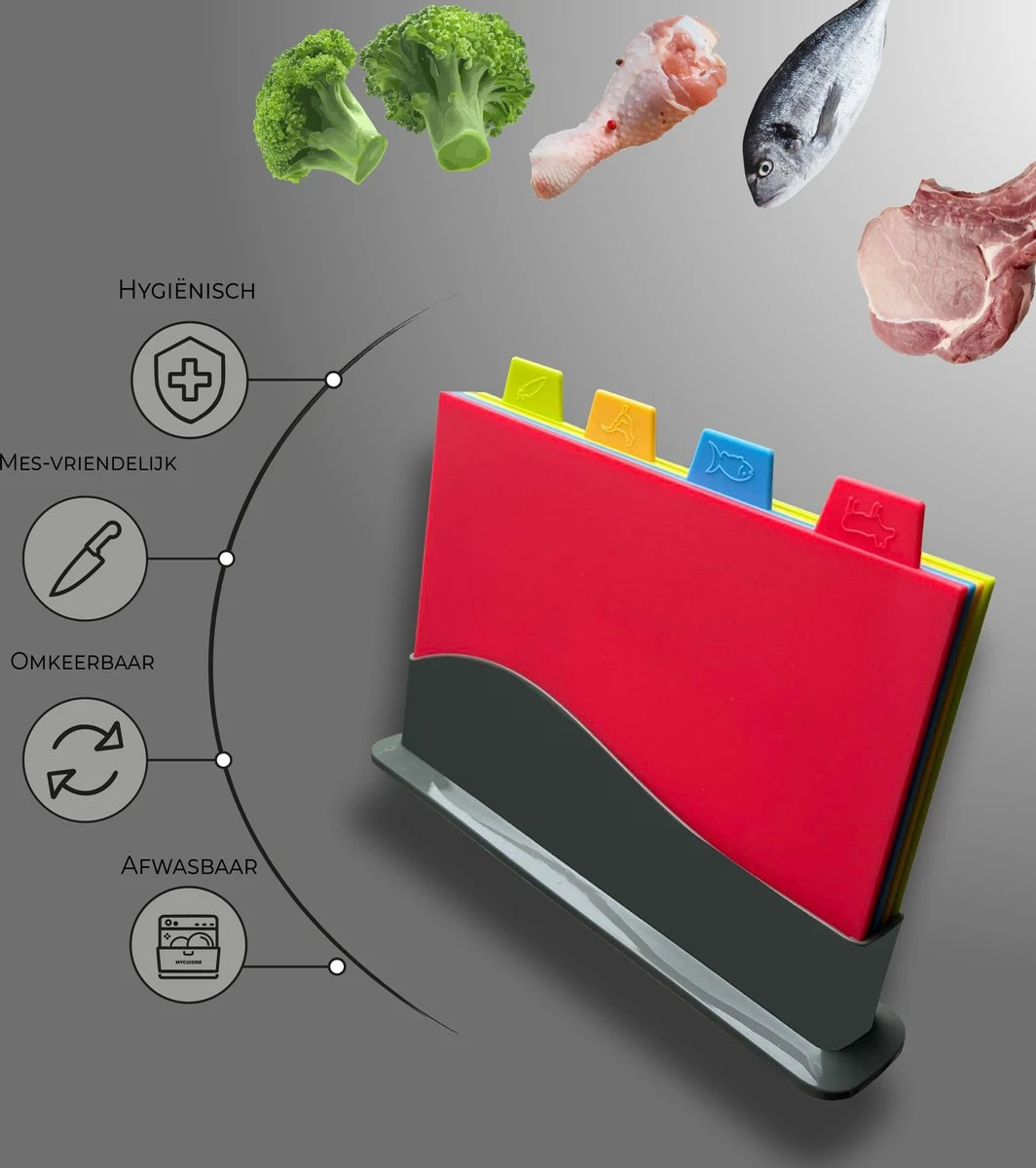 MyCuisine - Snijplankenset Met Houder - 4 Stuks - Snijplanken - Keuken Accessoires - Snijplank - 30 X 22,3 X 0,5 Cm - Kunststof - Zwart - Afbeelding 2