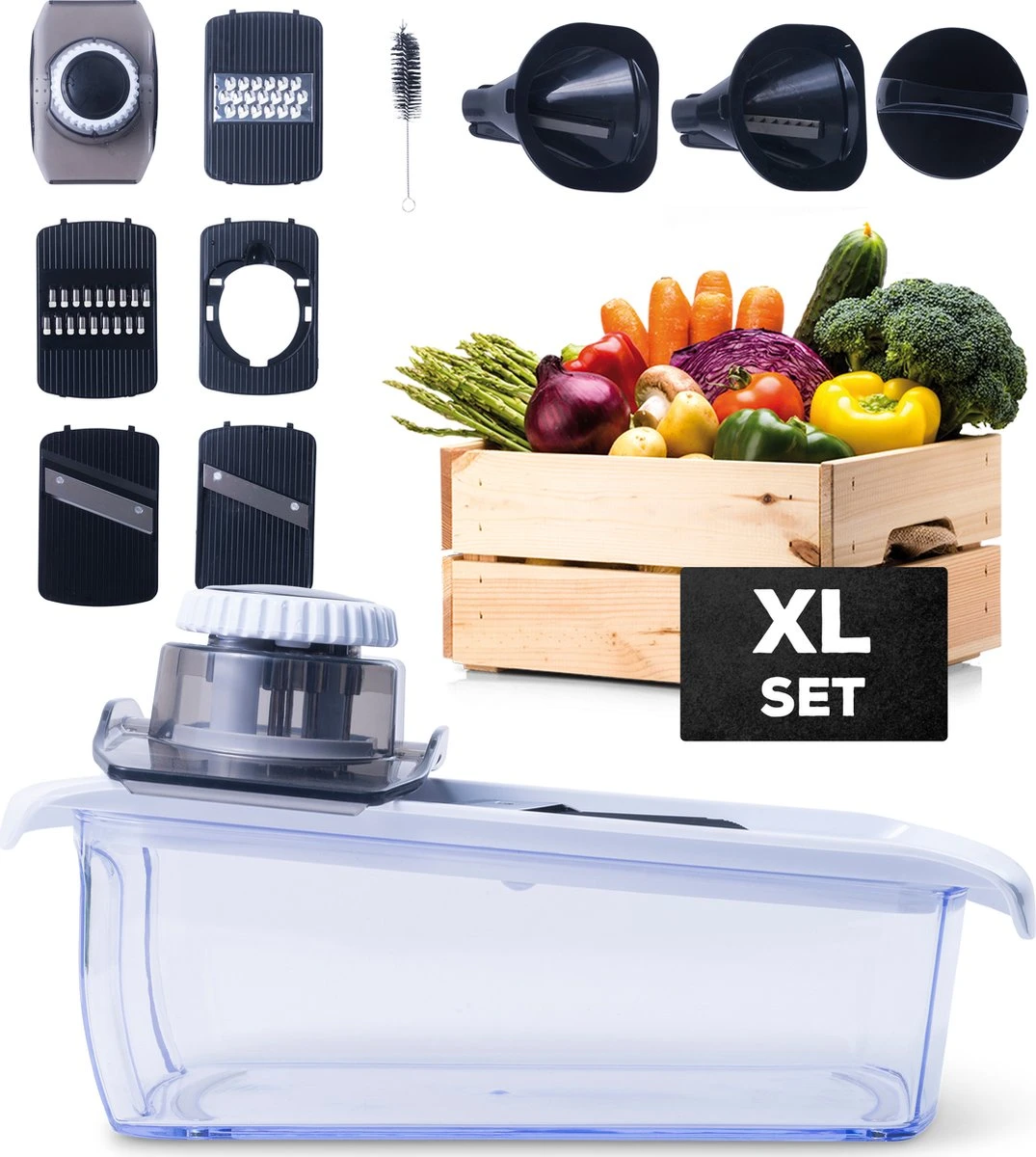 Estus QuickSlicer Mandoline Keukensnijder - Groentesnijder - Uiensnijder - Spiraalsnijder - Roestvrij Staal - Vingerbeschermer - 6 Opzetstukken