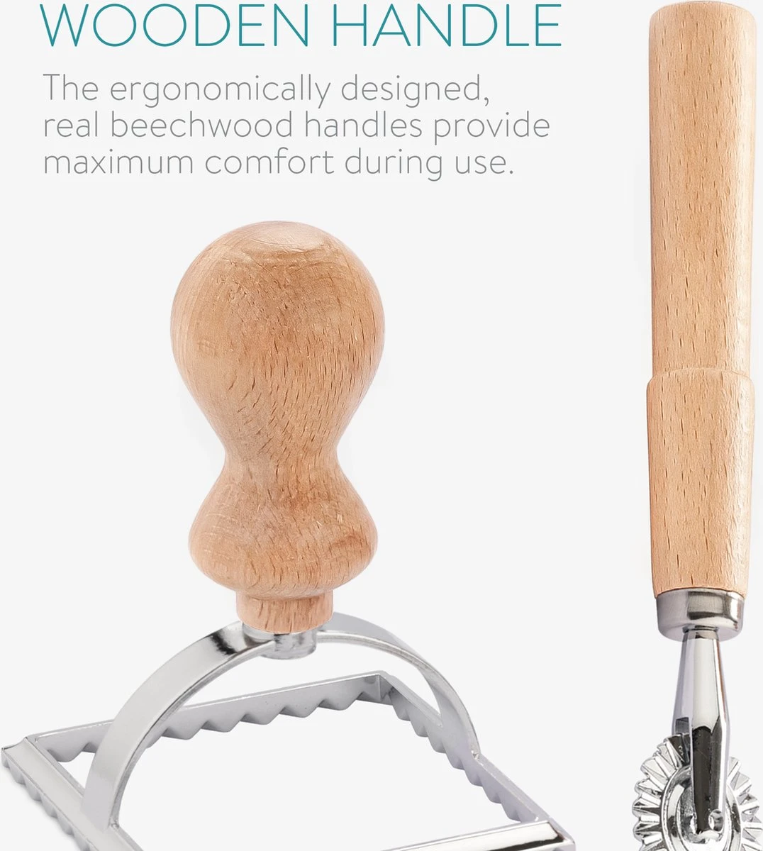 Navaris Set Van 4 Raviolisnijders - Raviolimakers Met Houten Handvat - Set Van 3 Vormsnijders En 1 Pastawiel Voor Het Snijden Van Zelfgemaakte Ravioli - Afbeelding 6