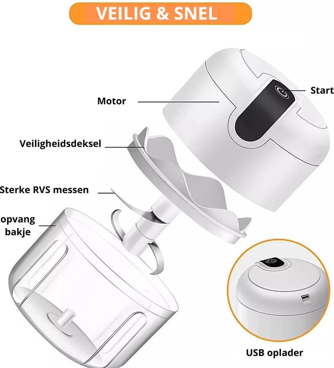 Elektrische Uiensnijder – Groentesnijder – Mini Chopper – Draadloze Keukensnijder – Oplaadbaar – Hakmolen – Mini Blender - Afbeelding 5