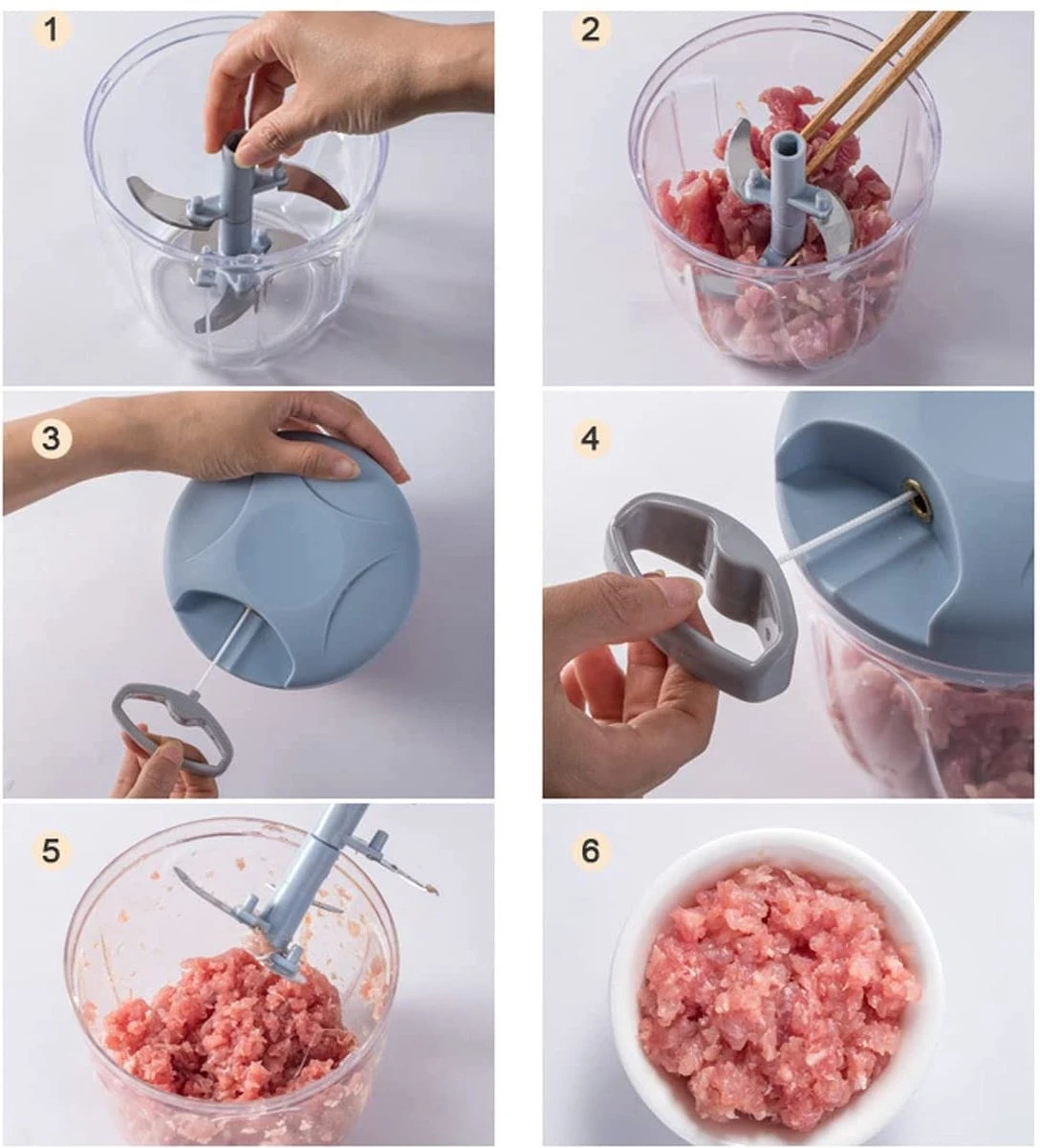 Doogo® Groentesnijder Met Trekkoord – Hakmolen – 900 ML – Groentehakker – Kruidenmolen – Uiensnijder – Blauw - Afbeelding 14