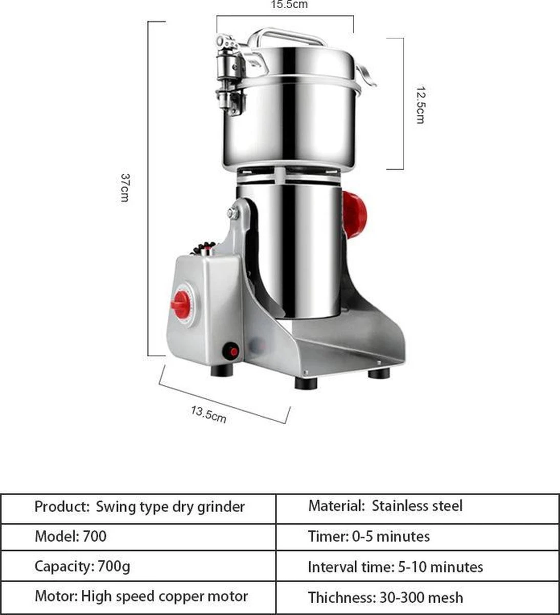 Professionele Graanmolen Elektrisch 700 Gram - Kruiden Maler - Sprice Grinder - Kruidenmolen - RVS - 2500W - Afbeelding 4