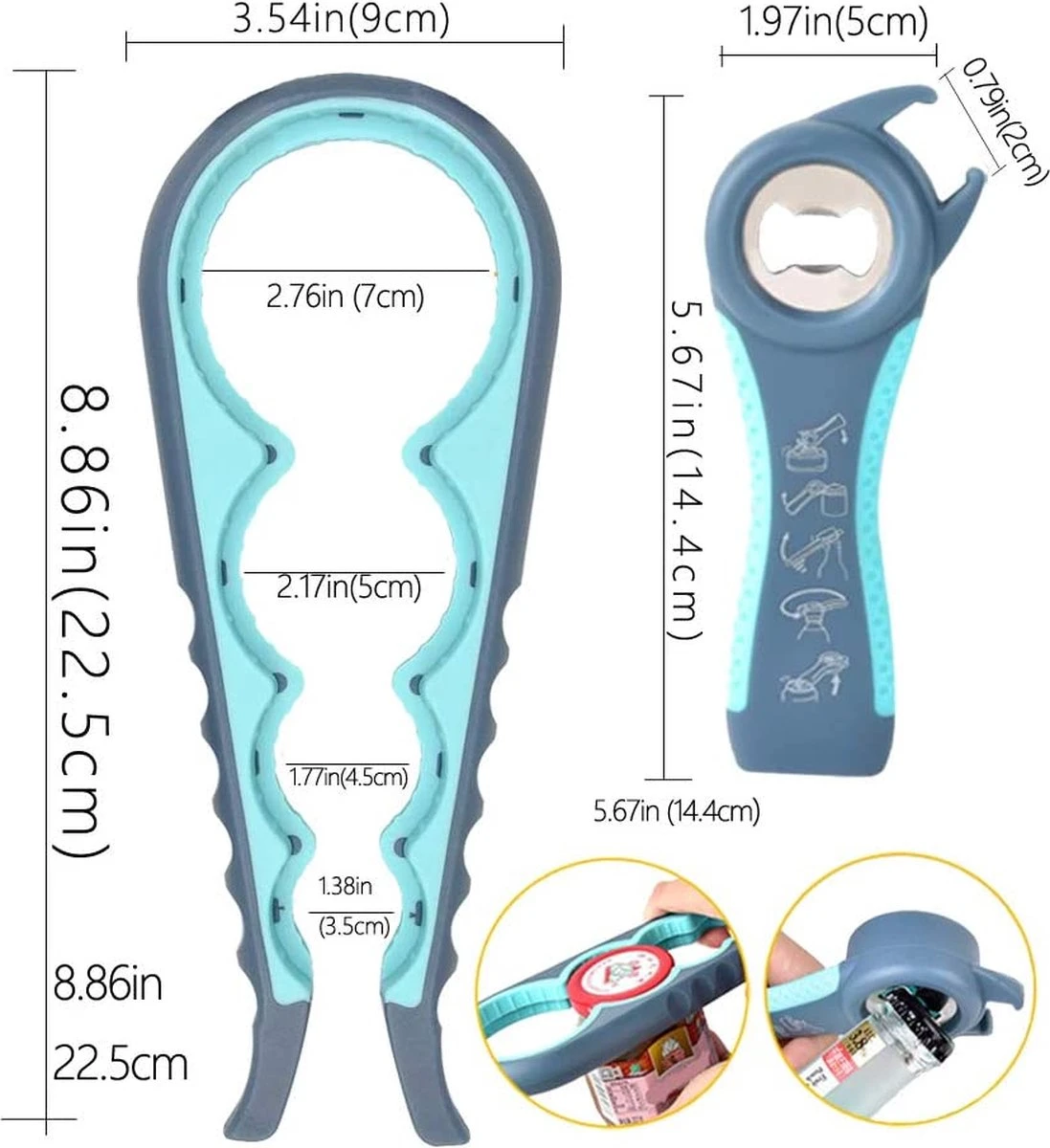Alles In 1 Blikopener - Multi Grip Opener - Dopopener- Pottenopener - Schroefdopopener - Hemelsblauw - KO000107 - Afbeelding 5