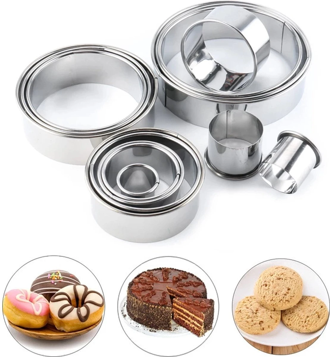 Merkloos Fastsurfe - Kookringen - 11 Stuks Set - Rvs - Ronde Cookie - Biscuit Snijders - Cirkel - Gebak Snijders - Metalen - Bakken Cirkel - Ring Mallen Voor Keuken - Afbeelding 5