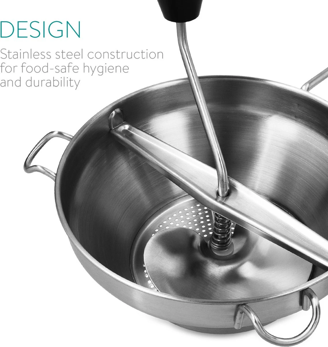 Navaris Roestvrijstalen Passeerzeef Met 3 Zeefinzetten - Roerzeef Voor Soepen, Jam, Smoothies, Babyvoeding En Sauzen - Passe-vite Met 3 Schijven - Afbeelding 7