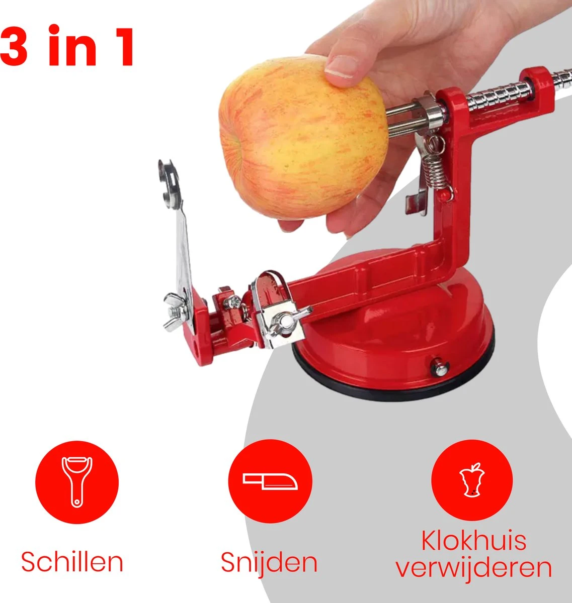 MESC Appelschilmachine Appelschiller Met Zuignap -Appelboor - Appelsnijder - Rood - Afbeelding 2