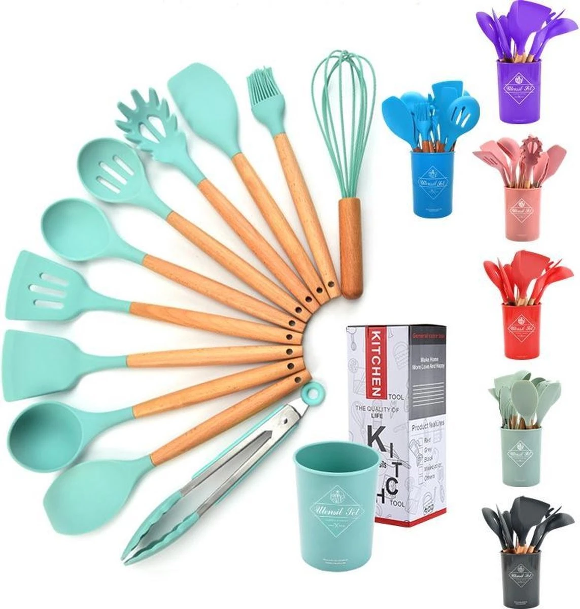 12-delige Itagala Siliconen Keukengerei Set Met Koker |Anti Aanbak | Hoge Kwaliteit Kookgerei Met Houten Handvatten | Pink | BPA En Kras Vrij - Afbeelding 3