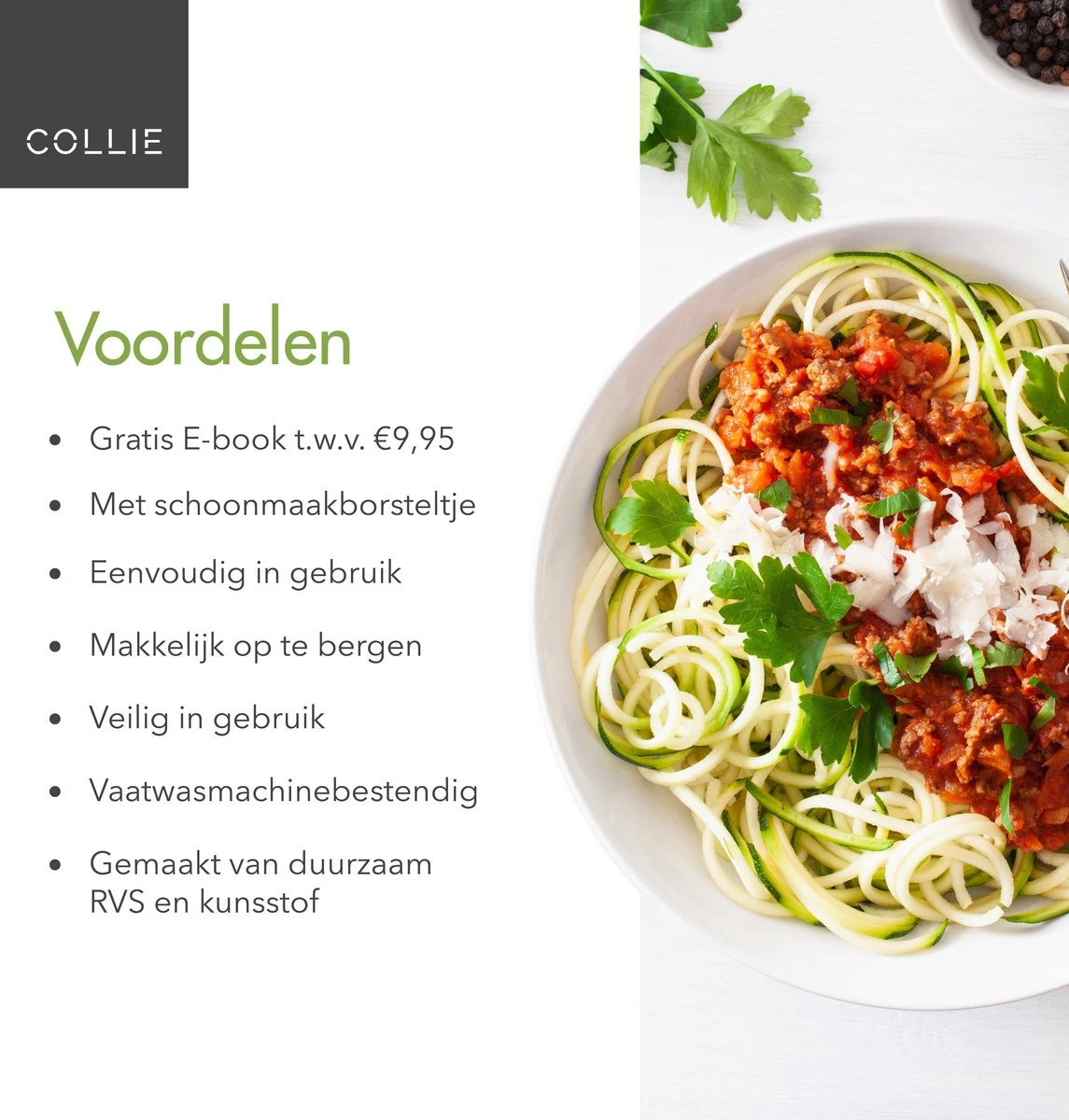 COLLIE Spiraalsnijder - Inclusief Recepten E-book & Schoonmaakborsteltje - Spirelli - Spiralizer - Courgettesnijder - Afbeelding 8