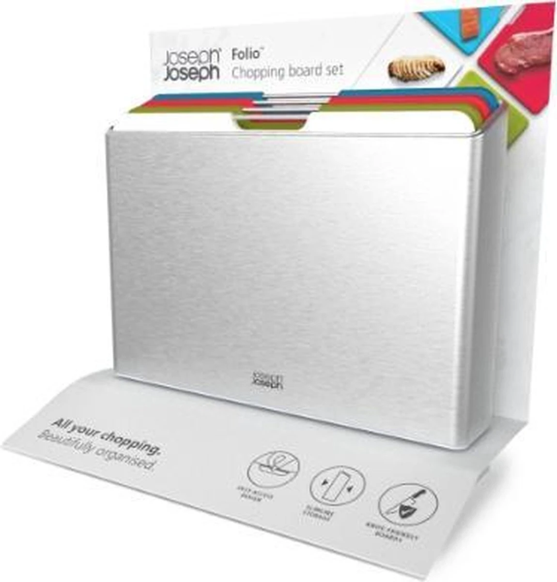 Joseph Joseph Folio Snijplanken - Set Van 4 Stuks - Met Houder - Snijplank Vis Vlees Groenten Brood - BPA Vrij - Vaatwasserbestendig - Keukenhulp - Keukentool Zilver - Afbeelding 15