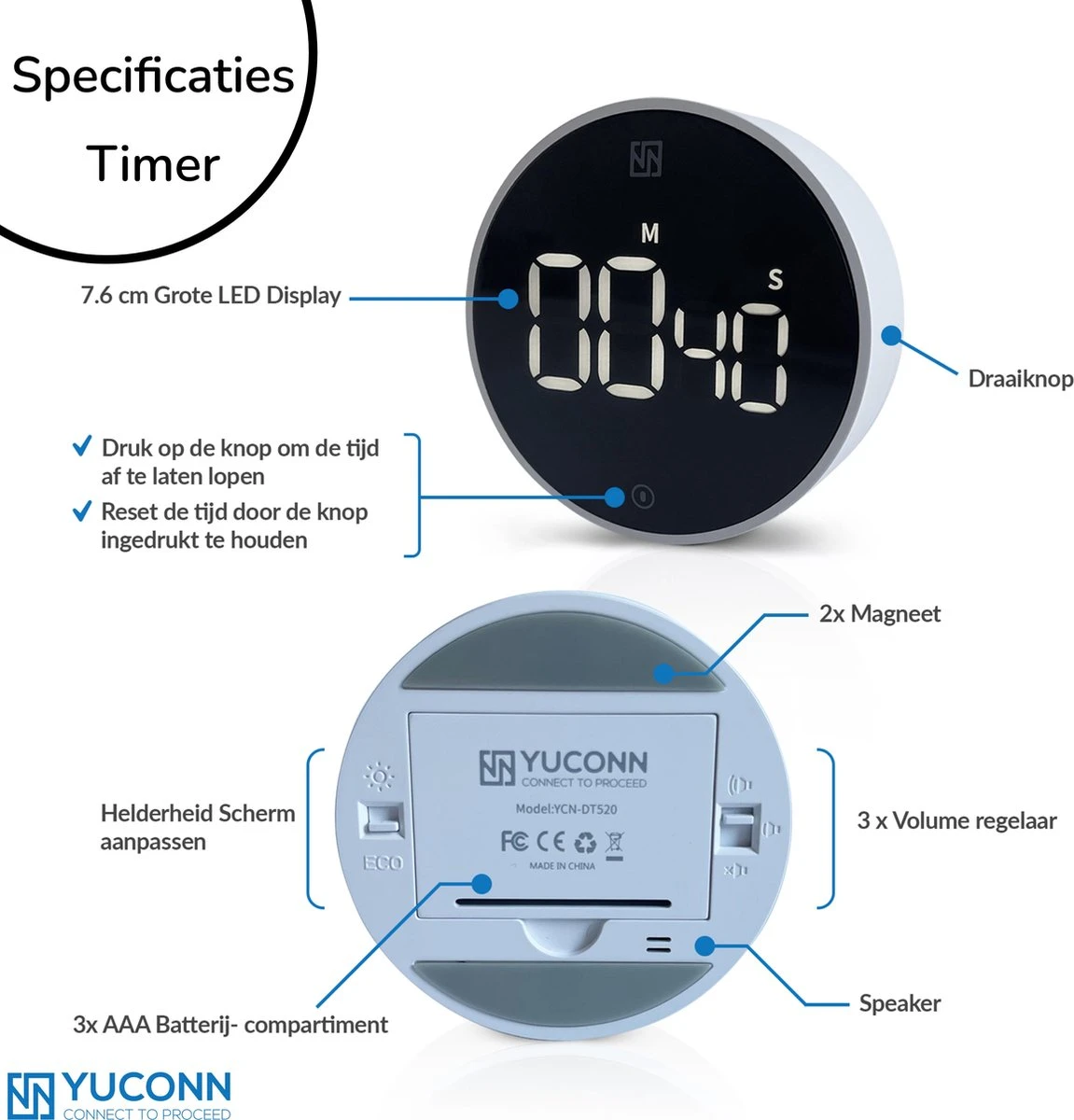 YUCONN® Digitale Kookwekker - Keukenwekker - Timer En Stopwatch - Eierwekker - Douche Timer - Magneet - Met Draaiknop - Wit/Zwart - Afbeelding 4
