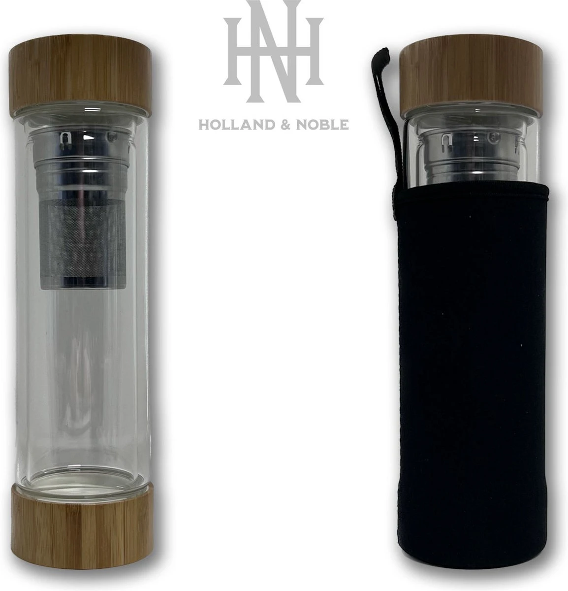 Holland & Noble - Thermo Theefles Met Zeef - 400 Ml Borosilicate Glas Dubbelwandig - Thee-infuser Met Bamboe Schroefdop Aan Beide Zijdes En Roestvrijstalen Zeef - Inclusief Neopreen Hoes - Afbeelding 5