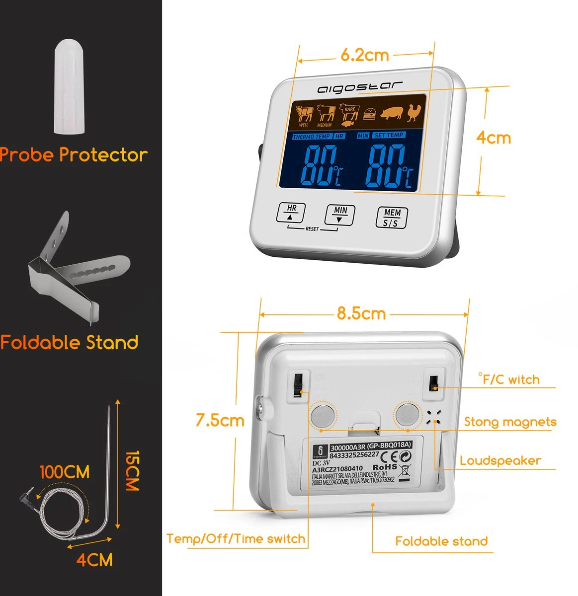 Aigostar 2-in-1 Magnetische Digitale Kern Thermometer Met Keuken Timer Alarm -0-250 Graden Celcius - Magnetische Vloeistof/Vlees Temperatuurmeter Met Meetsonde Draad & Kook Timer - Afbeelding 5