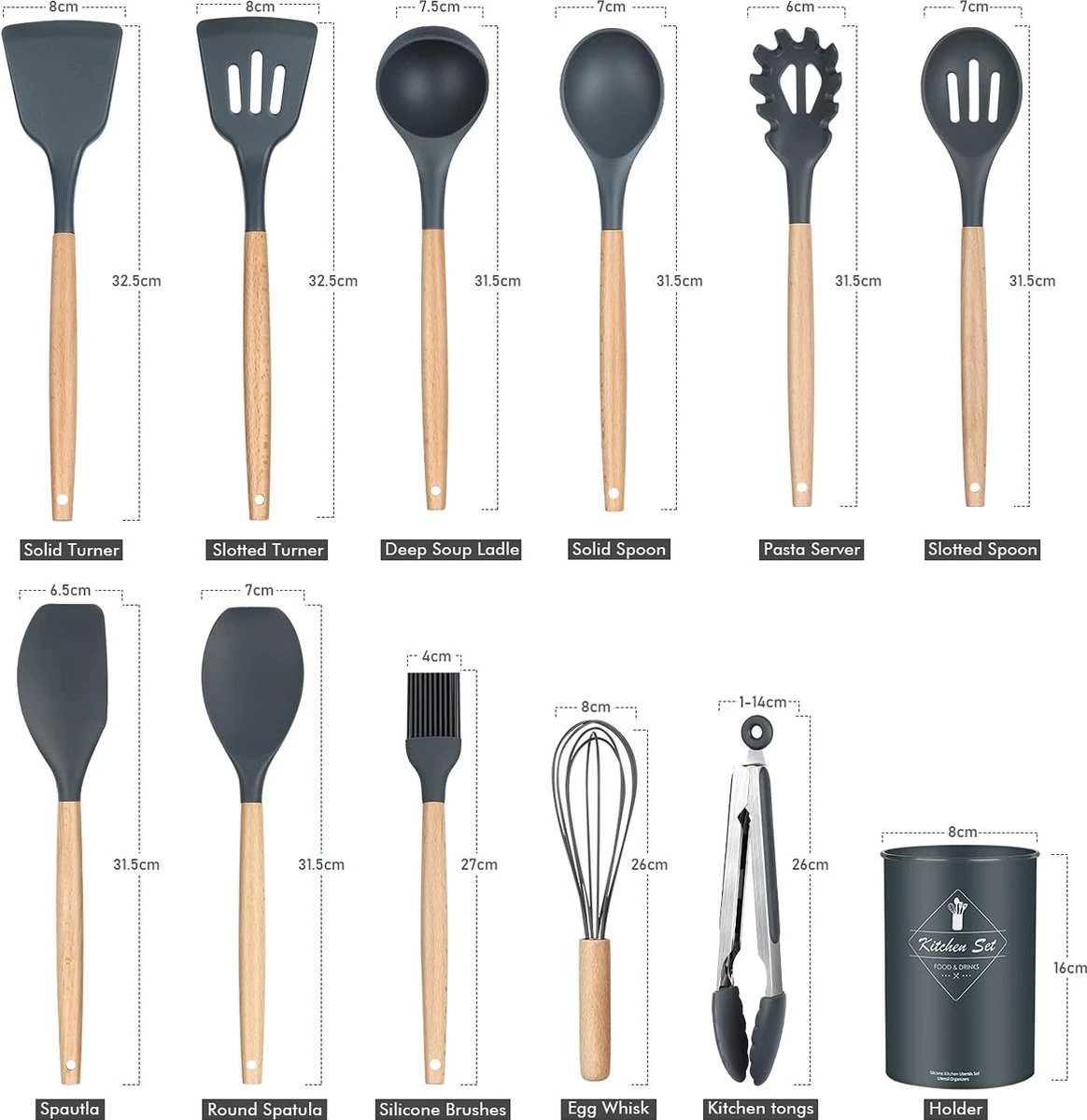 IGOODS - Keukengerei Sets Siliconen - 12-Delig Kookgerei Sets - Siliconen Inclusief Gebruiksvoorwerpen Houders - Antikleef Anti-Kras Kookgerei - Keukengereedschap Met Houten Handvat -Donker Grijs - Afbeelding 5