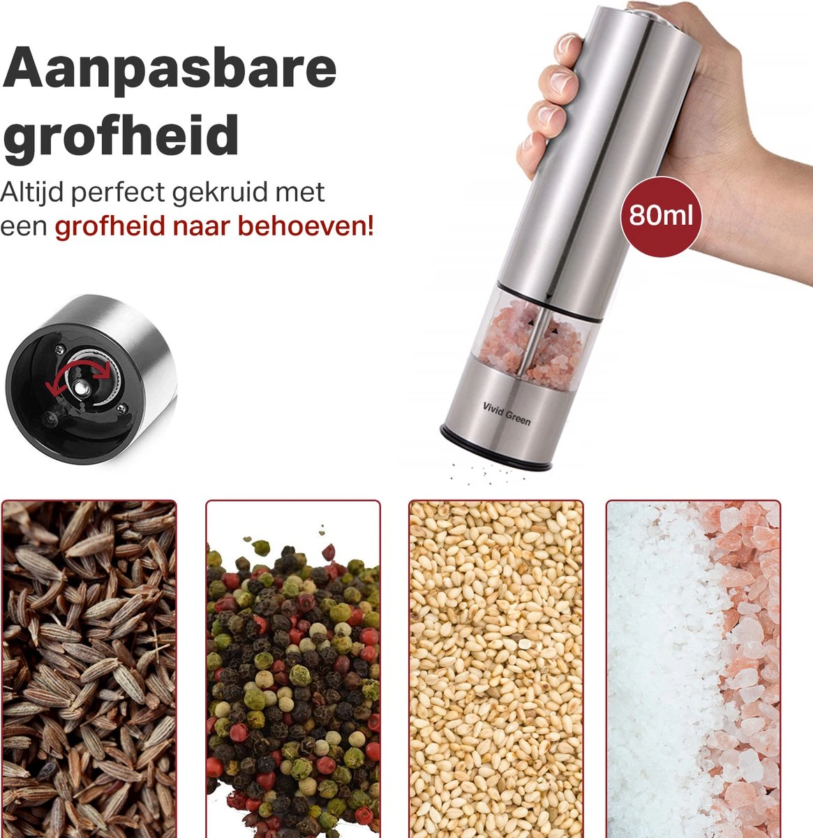 Vivid Green Elektrische Peper En Zoutmolen Set - Zoutstellen - Zoutmolen - Kruidenmolen - Zout En Pepermolen Set - Incl. Houder - RVS - Afbeelding 3