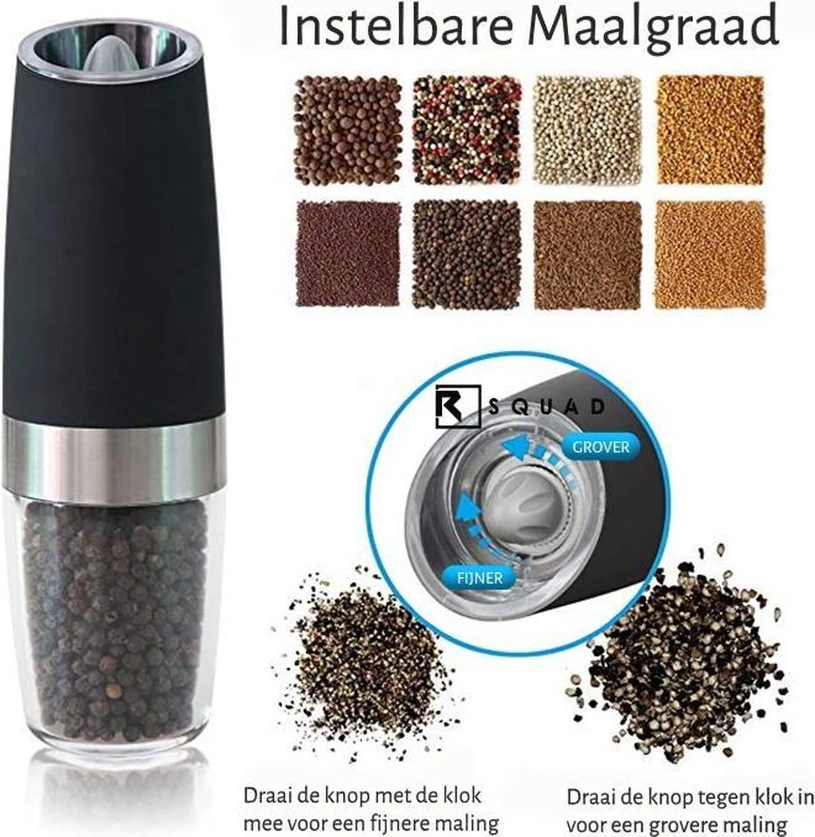 RSQUAD® - Elektrische Zout Pepermolen - 1x Automatische Peper Zoutmolen - Kruidenmolen - Met Blauw LED Licht - Zwart - Afbeelding 7