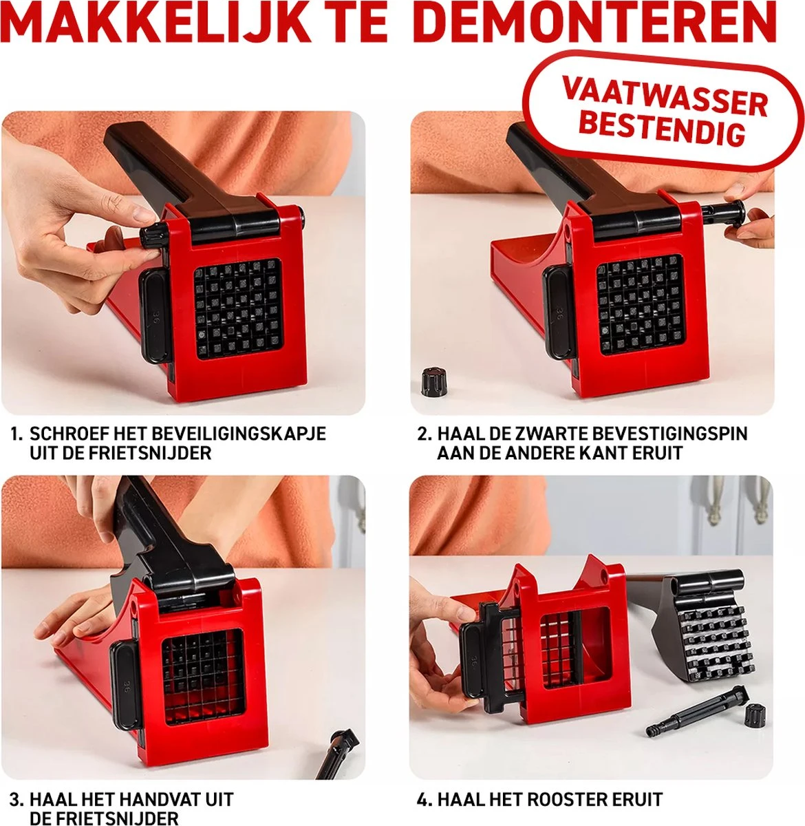 Merkloos Frietsnijder - Patatsnijder - Groentesnijder - Roestvrijstalen Snijrooster - Raspen, Schillers & Snijders - Rood - Afbeelding 2