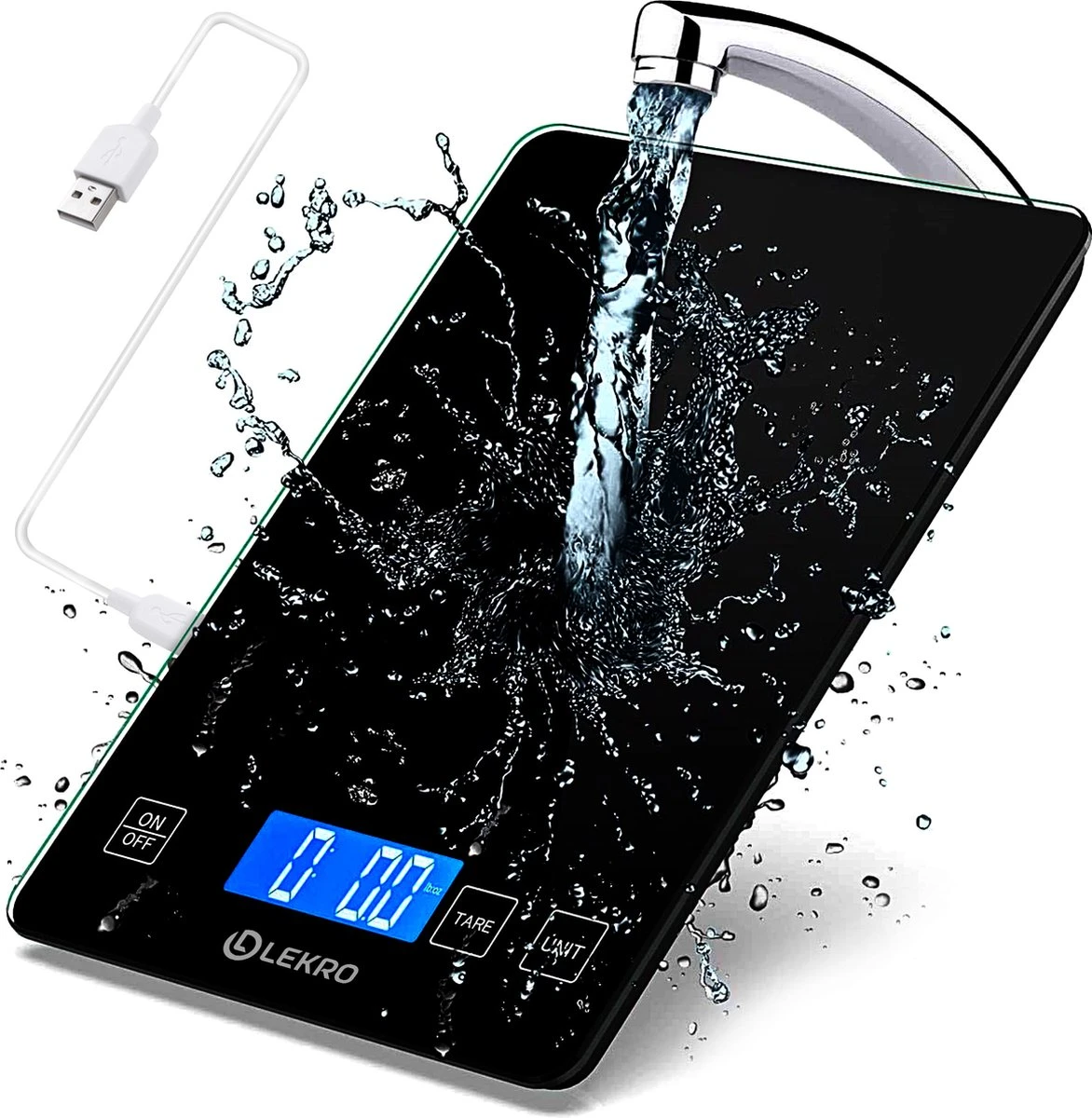 Lekro Digitale Precisie Keukenweegschaal – Weegschaal Keuken - USB Oplaadbaar - 1gr Tot 15kg – Tarra Functie - Zwart