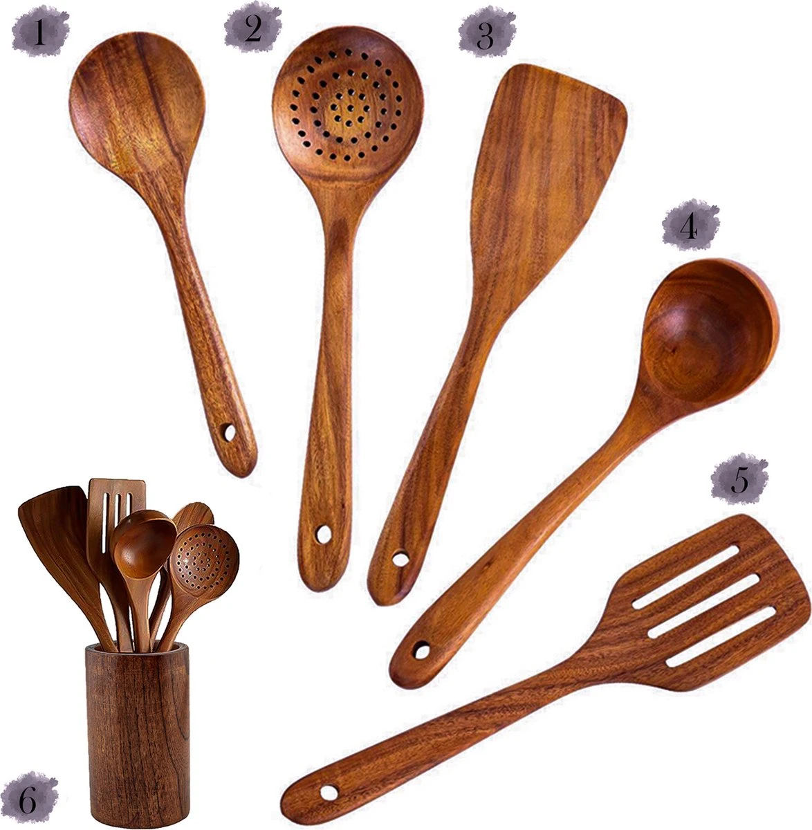 Luverno® - Keukengerei Set - 6 Delig - Teakhout - Keukenset - Keukengerei - Keukengerei Set Met Houder - Keukengerei Houder - Spatelpot - Bruin - Afbeelding 6