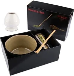 Merkloos Matcha Set Inclusief Handgemaakte Matcha Kom, Bamboe Matcha Klopper, Chasen Houder Wit En Bamboe Maatschep - Complete Matcha Set