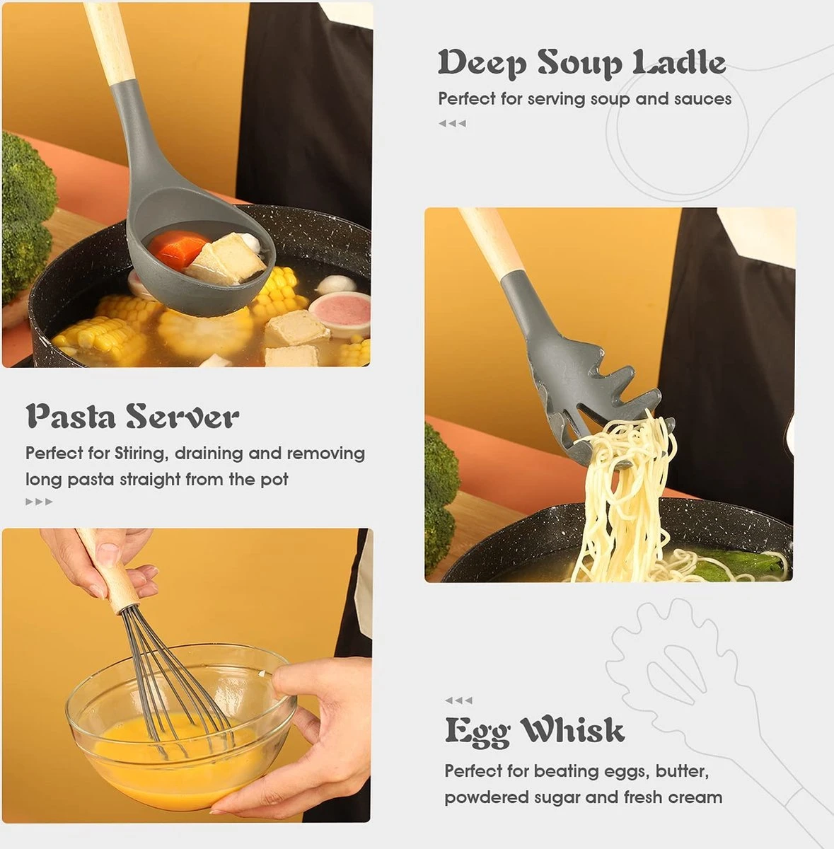 IGOODS - Keukengerei Sets Siliconen - 12-Delig Kookgerei Sets - Siliconen Inclusief Gebruiksvoorwerpen Houders - Antikleef Anti-Kras Kookgerei - Keukengereedschap Met Houten Handvat -Donker Grijs - Afbeelding 2