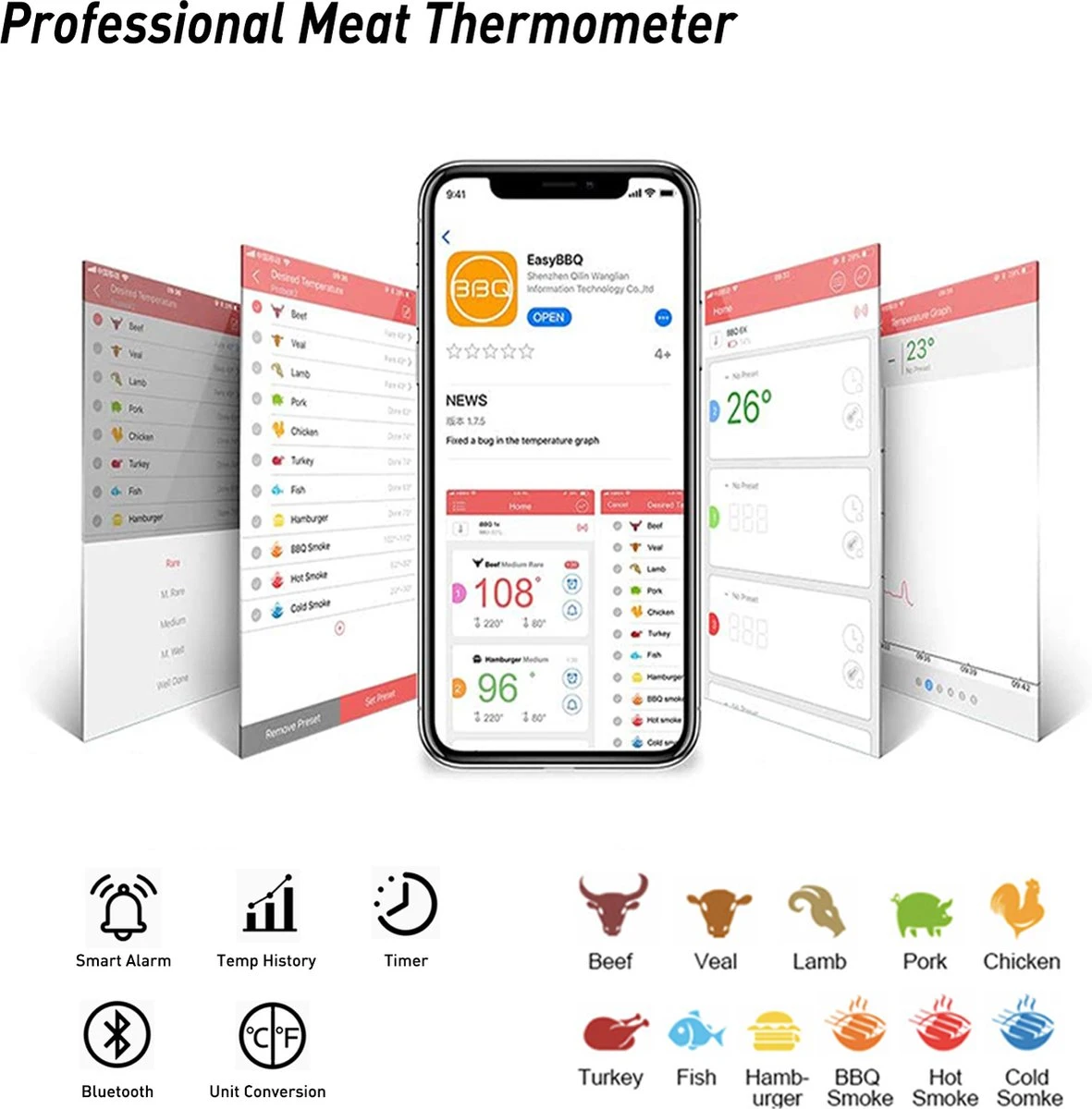 AidMax Vleesthermometer Met Optie Tot 6 Sondes – Bluetooth Met App – Digitale Kernthermomter – Thermometer Geschikt Voor BBQ, Oven & Grill – Incl. Batterijen - Geleverd Met 2 Sondes - Afbeelding 3