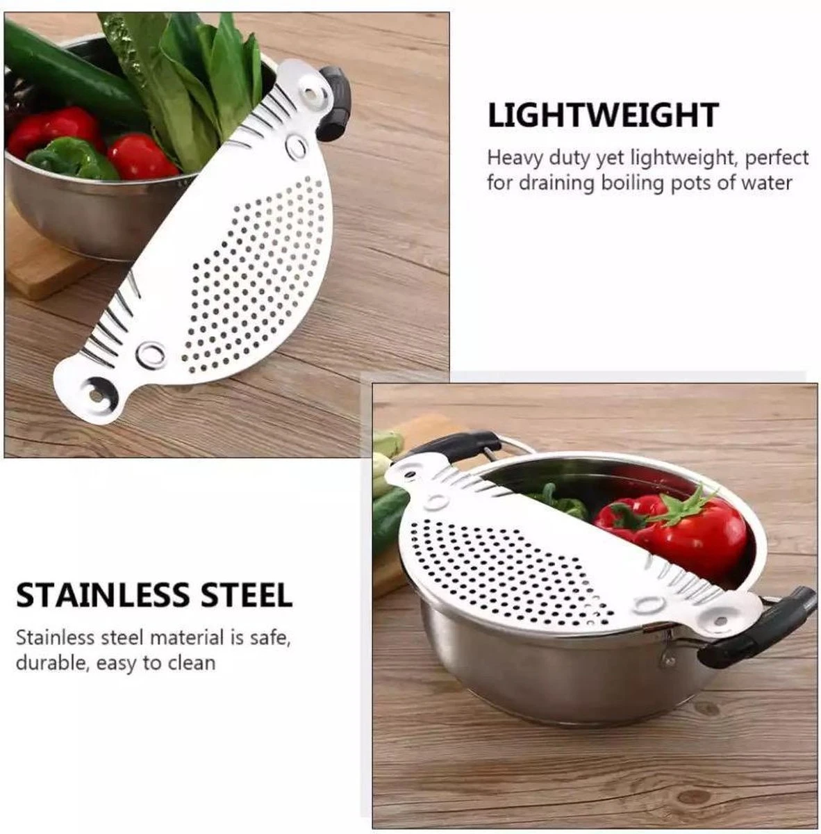 RVS Afgietdeksel- Afgiethulp Met Handvaten- Veilig Afgieten -Keuken Zeef- Vaatwasser Bestendig- Sieve- 26cm- Keuken Tool - Afbeelding 6