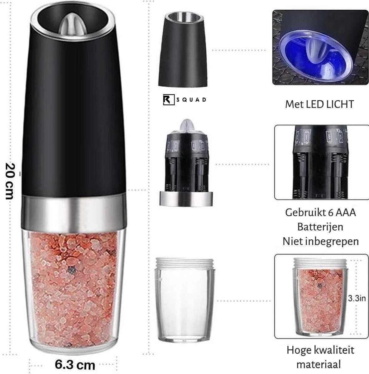 RSQUAD® - Elektrische Zout Pepermolen - 1x Automatische Peper Zoutmolen - Kruidenmolen - Met Blauw LED Licht - Zwart - Afbeelding 3