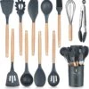 IGOODS - Keukengerei Sets Siliconen - 12-Delig Kookgerei Sets - Siliconen Inclusief Gebruiksvoorwerpen Houders - Antikleef Anti-Kras Kookgerei - Keukengereedschap Met Houten Handvat -Donker Grijs