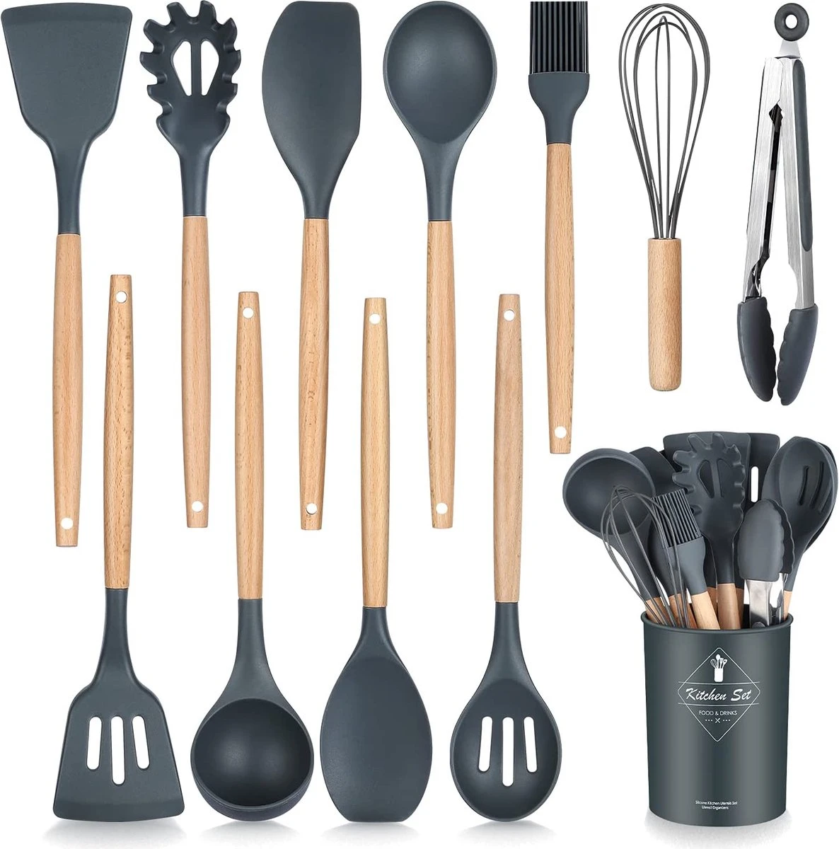 IGOODS - Keukengerei Sets Siliconen - 12-Delig Kookgerei Sets - Siliconen Inclusief Gebruiksvoorwerpen Houders - Antikleef Anti-Kras Kookgerei - Keukengereedschap Met Houten Handvat -Donker Grijs