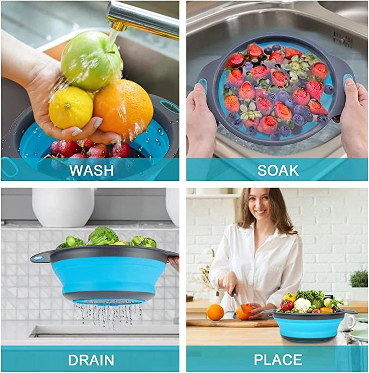 Royalty Line Vergiet Opvouwbaar - Keukenzeef - Vergieten & Zeven 2 Groot En 1 Klein - Keukengerei - Set Van 3 - Siliconen Vergiet - Inklapbare Zeef - Tuinzeef - BPA Vrij - Vaatwasbestendig - Hittebestendig - Makkelijk Opbergen - Rood/Groen/Blauw - Afbeelding 3