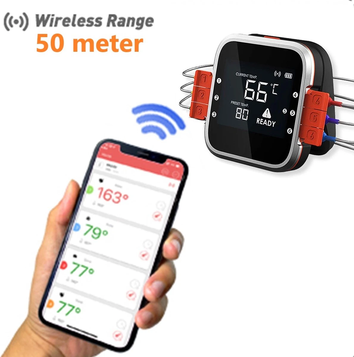 AidMax Vleesthermometer Met Optie Tot 6 Sondes – Bluetooth Met App – Digitale Kernthermomter – Thermometer Geschikt Voor BBQ, Oven & Grill – Incl. Batterijen - Geleverd Met 2 Sondes - Afbeelding 7