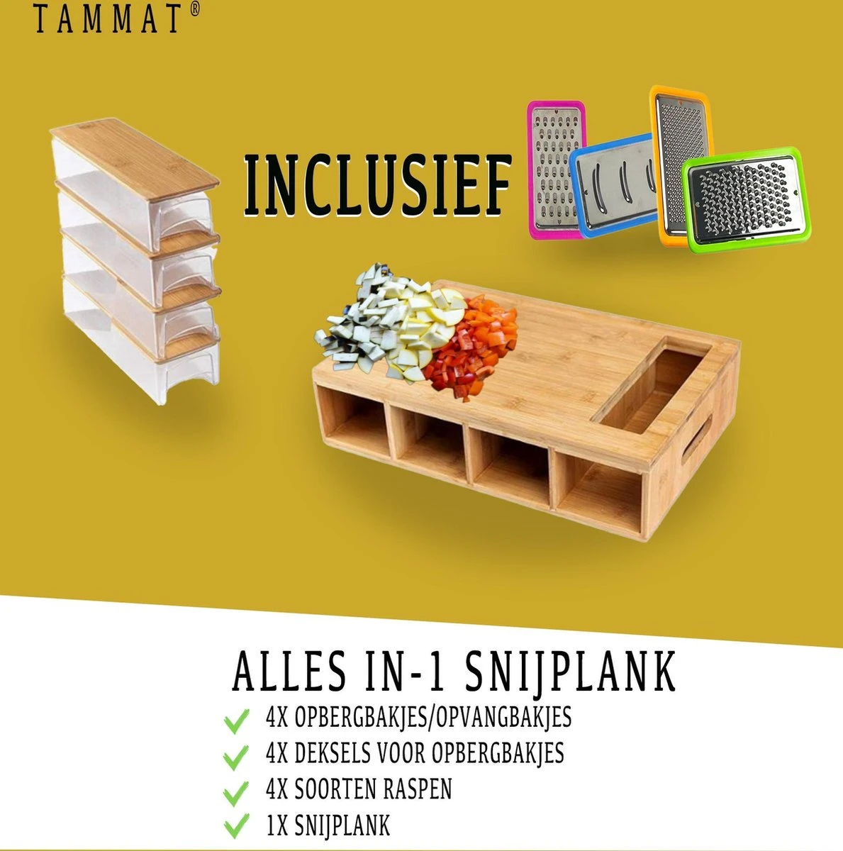 TammaT® Snijplank Hout - Met Opvangbakken - Bamboe Snijplank - Met Rasp - Stapelbaar Voorraadbakjes - Keuken Accessoires - Groentesnijder - Snijplank Hout - BBQ - Afbeelding 9