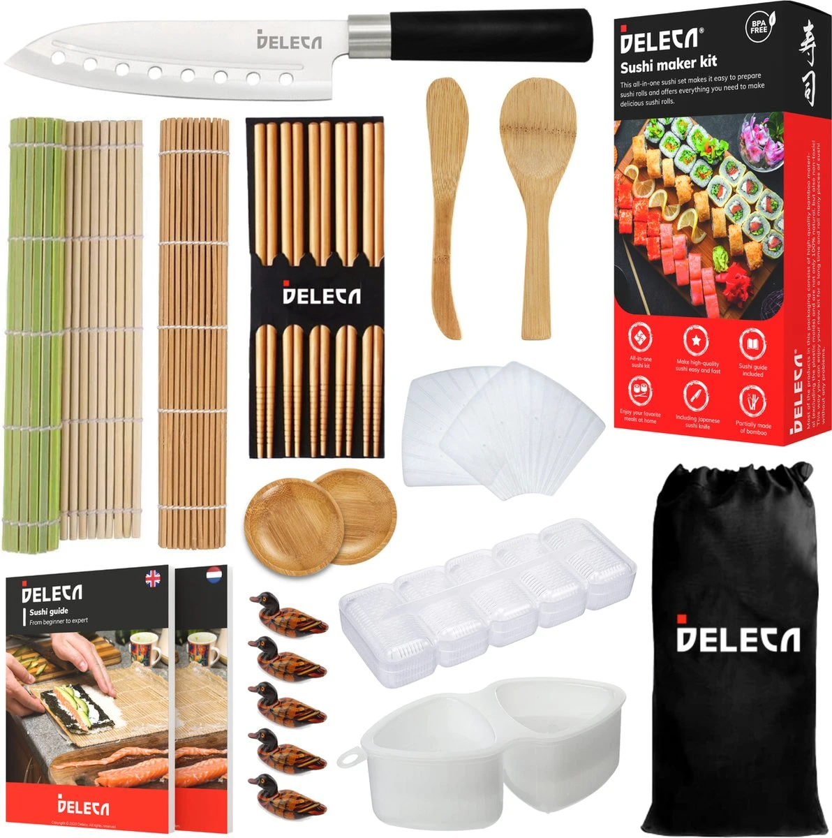 Deleca 24-delige Sushi Maker Kit - Traditionele Set Zonder Bazooka - Incl. Bamboe Stokjes En Accessoires - XL