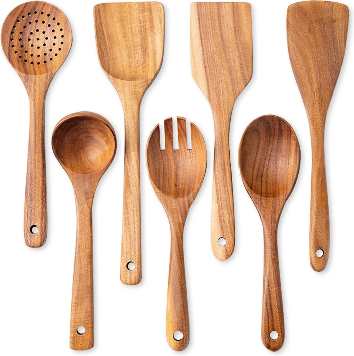 Merkloos Keukenspatels En -lepels Set - 7 Stuks - Teakhout - Handwerk, Krasbestendig, Duurzaam