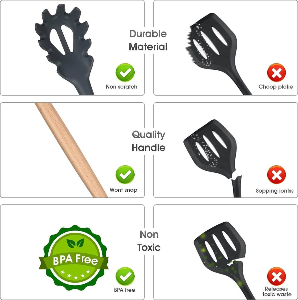 IGOODS - Keukengerei Sets Siliconen - 12-Delig Kookgerei Sets - Siliconen Inclusief Gebruiksvoorwerpen Houders - Antikleef Anti-Kras Kookgerei - Keukengereedschap Met Houten Handvat -Donker Grijs - Afbeelding 3