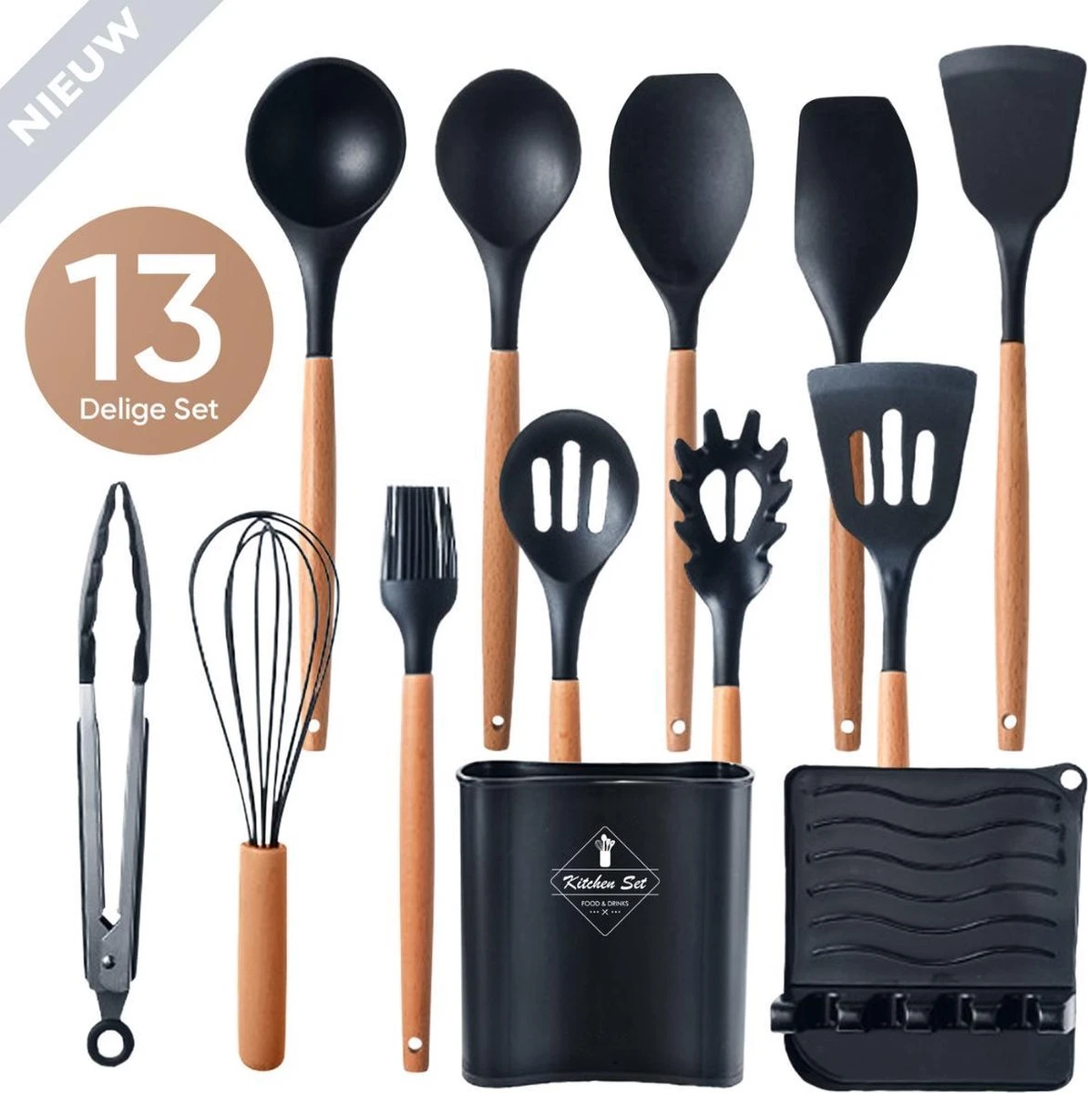 VAIVE Kookgerei Set 13-delig Met Houder - Keukengerei Set - Garde - Spatel Silicone - Afbeelding 2