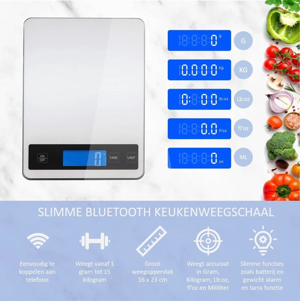 Hermanos® Digitale Precisie Keukenweegschaal - Weegschaal Keuken - 1 Gr Tot 15 Kg - Tarra Functie - Bluetooth Met Voedingsapp - Incl. Batterijen - RVS - Afbeelding 3