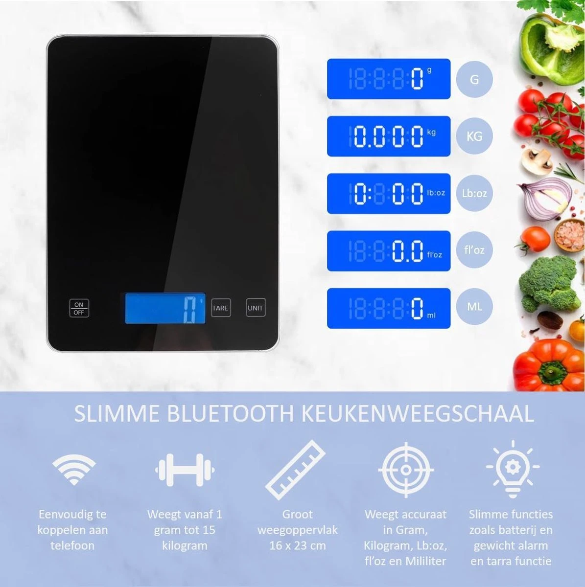 Hermanos® Digitale Precisie Keukenweegschaal - Weegschaal Keuken - 1 Gr Tot 15 Kg - Tarra Functie - Bluetooth Met Voedingsapp - Incl. Batterijen - Zwart - Afbeelding 6