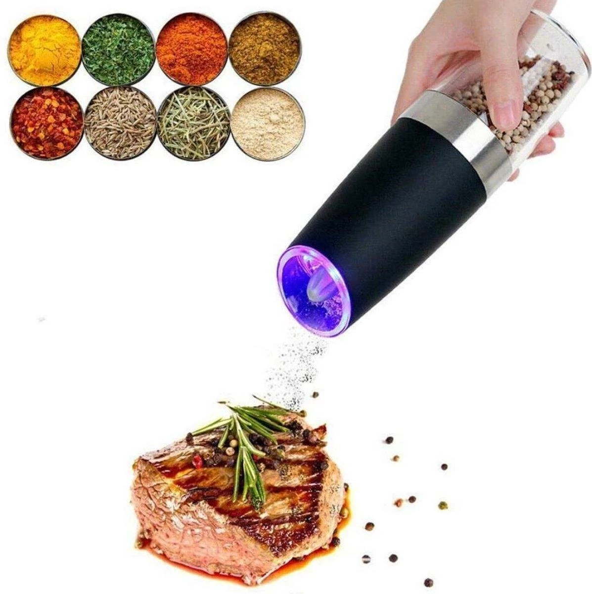 RSQUAD® - Elektrische Zout Pepermolen - 1x Automatische Peper Zoutmolen - Kruidenmolen - Met Blauw LED Licht - Zwart