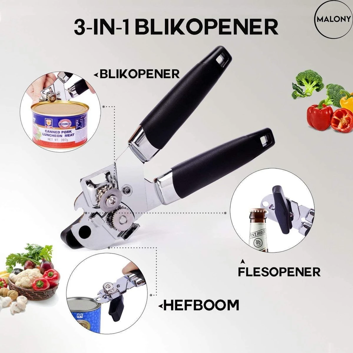 Malony RVS Blikopener - Flesopener - Bieropener - Opener - Stevig Handvat - Vaatwasser Bestendig - Zwart - Afbeelding 2